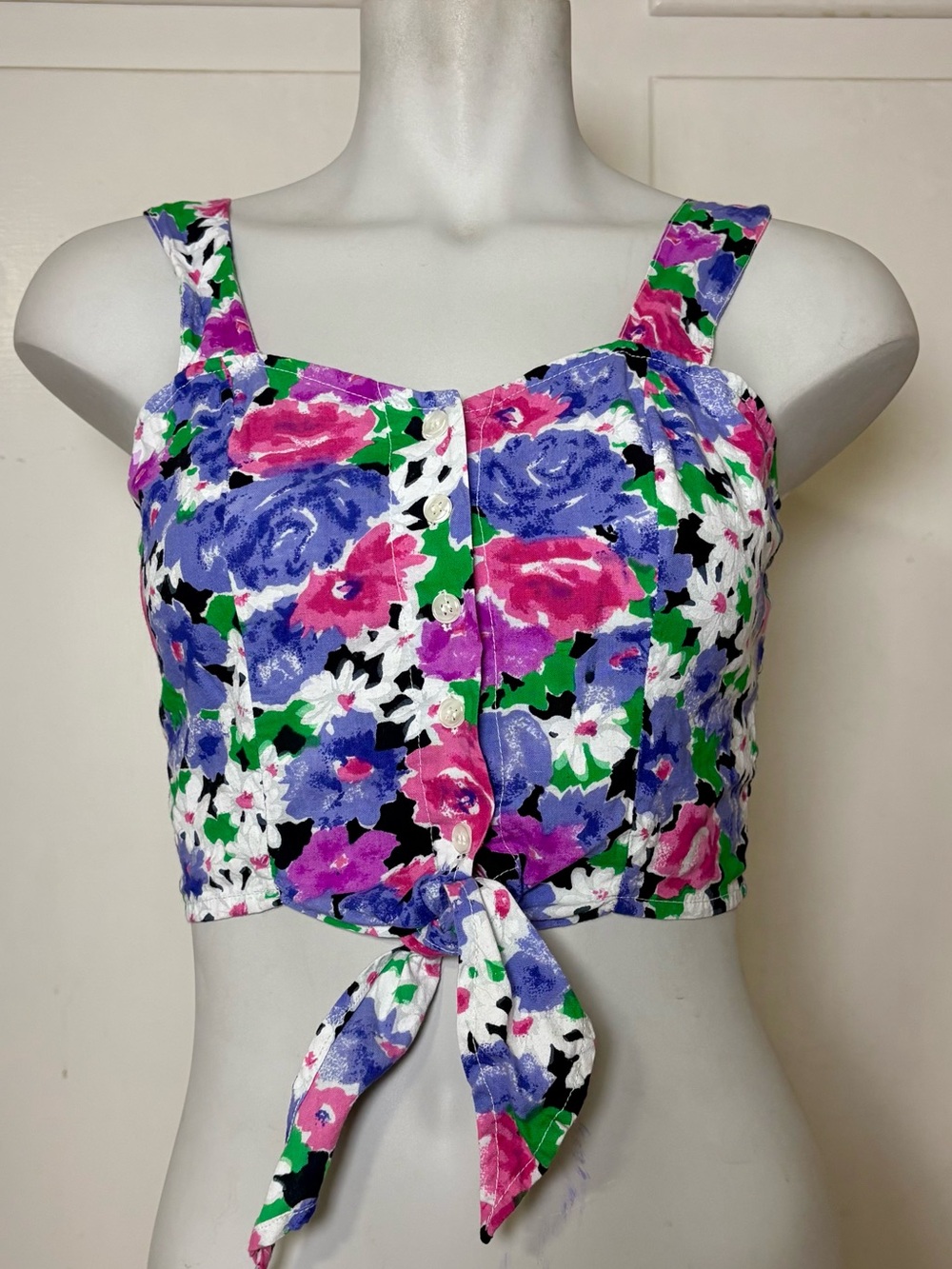 Vintage 90s Via Max Floral Cotton Cropped Tie Front Tank Top